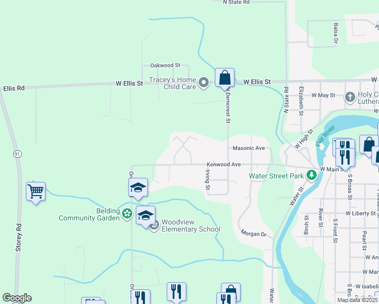 map of restaurants, bars, coffee shops, grocery stores, and more near 112 Jacklyn Street in Belding