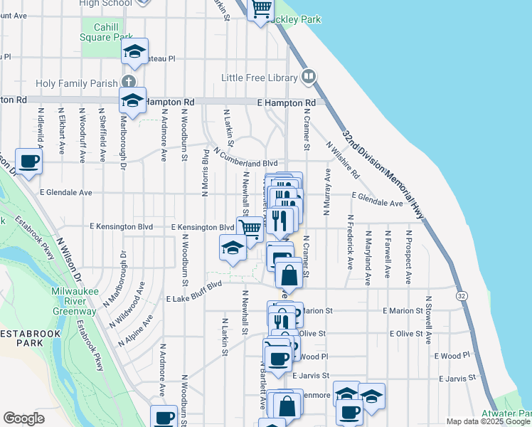 map of restaurants, bars, coffee shops, grocery stores, and more near 4540 North Bartlett Avenue in Shorewood