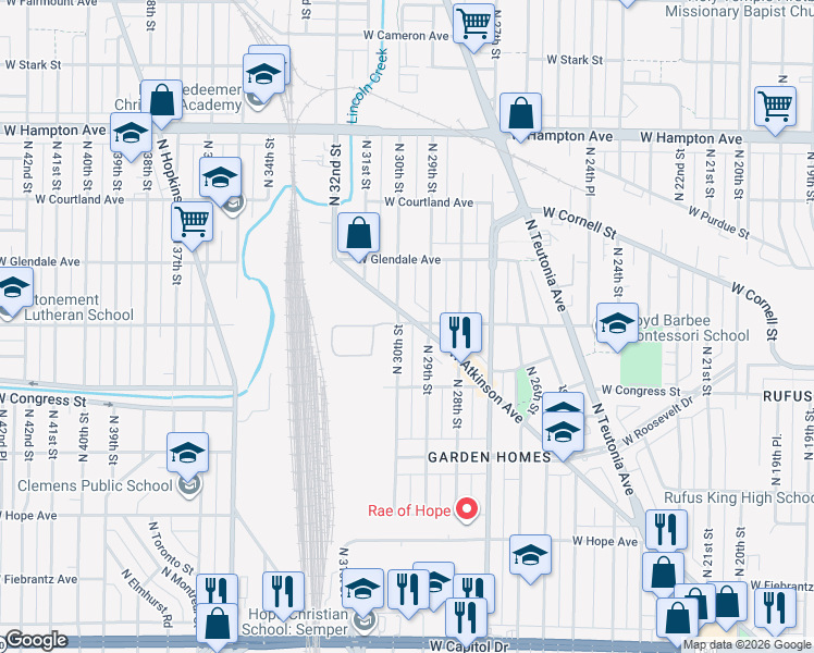 map of restaurants, bars, coffee shops, grocery stores, and more near 4521 North 29th Street in Milwaukee
