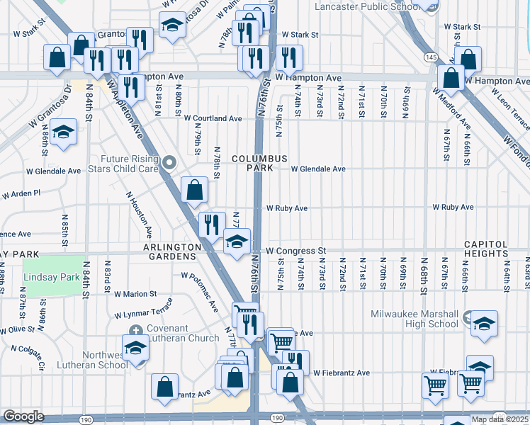 map of restaurants, bars, coffee shops, grocery stores, and more near 4514 North 76th Street in Milwaukee