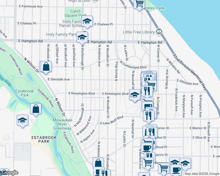 map of restaurants, bars, coffee shops, grocery stores, and more near 4541 North Morris Boulevard in Shorewood