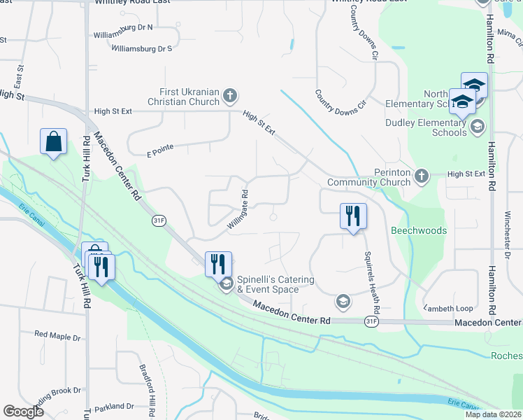 map of restaurants, bars, coffee shops, grocery stores, and more near 50 Whitney Ridge Road in Fairport