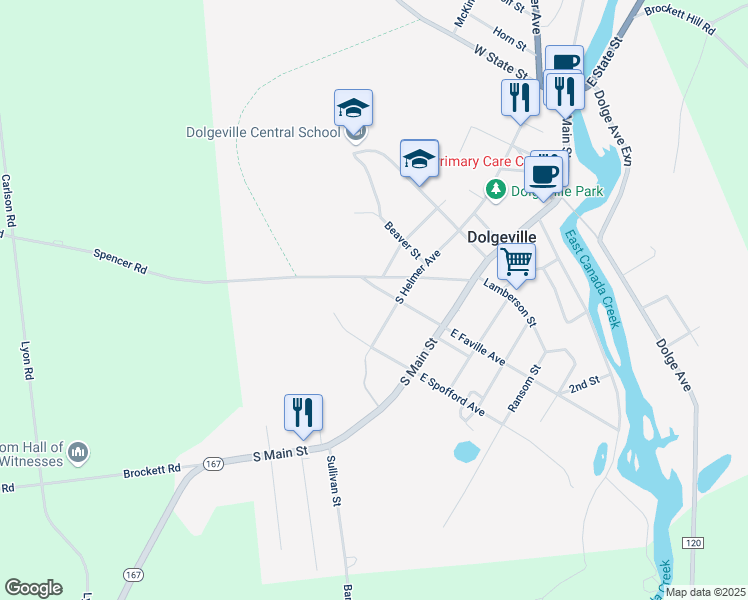 map of restaurants, bars, coffee shops, grocery stores, and more near 22 West Faville Avenue in Dolgeville