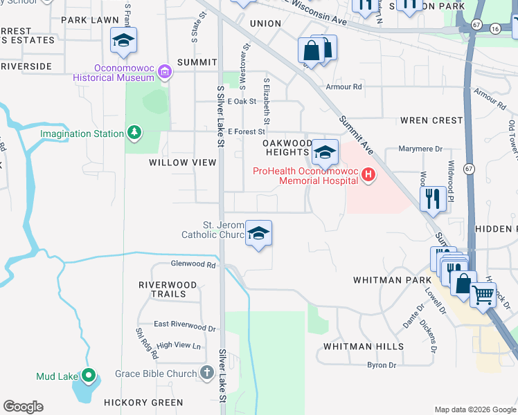 map of restaurants, bars, coffee shops, grocery stores, and more near 320 Frederick Court in Oconomowoc