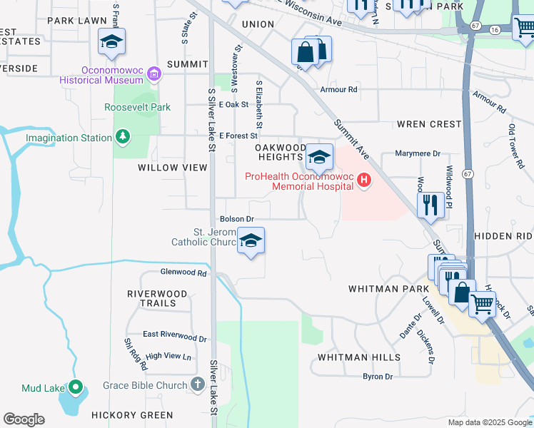 map of restaurants, bars, coffee shops, grocery stores, and more near 464 Bolson Drive in Oconomowoc