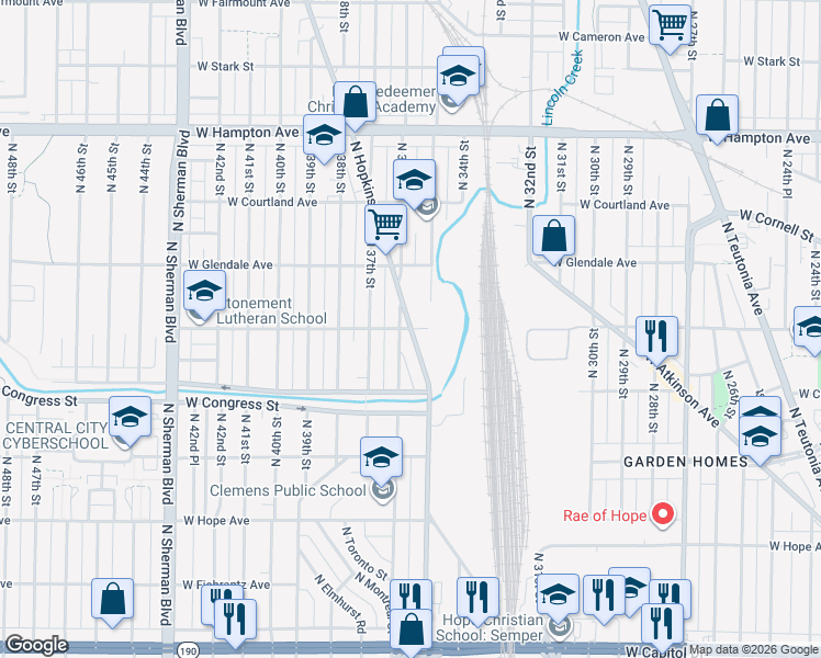 map of restaurants, bars, coffee shops, grocery stores, and more near North Hopkins Street & West Ruby Avenue in Milwaukee