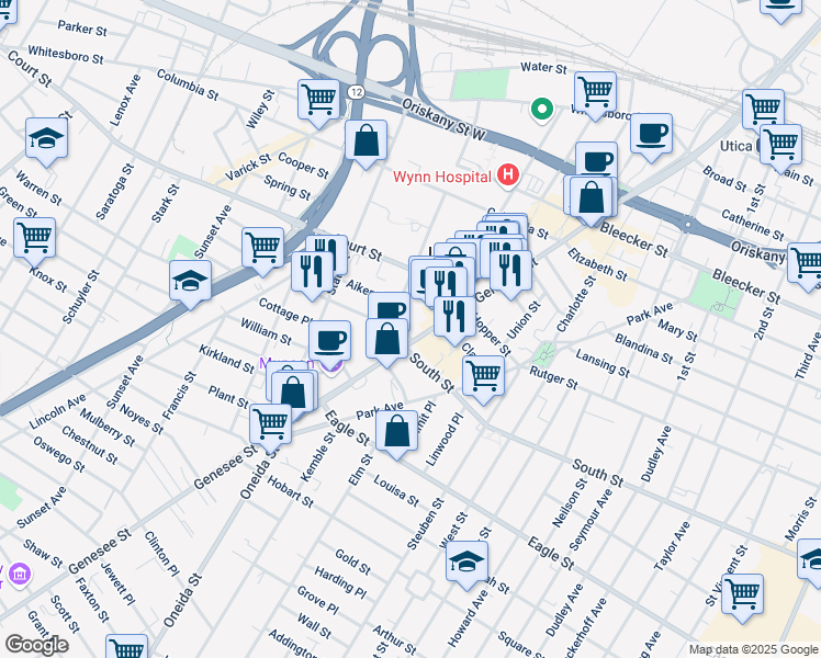 map of restaurants, bars, coffee shops, grocery stores, and more near 276 Genesee Street in Utica