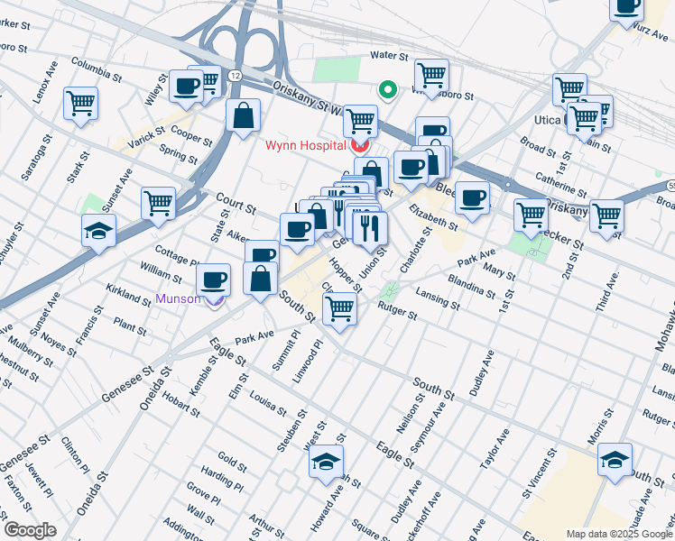 map of restaurants, bars, coffee shops, grocery stores, and more near 1013 King Street in Utica