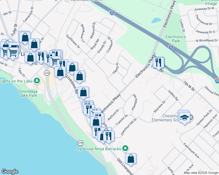 map of restaurants, bars, coffee shops, grocery stores, and more near 105 Daniel Drive in Liverpool