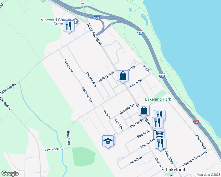 map of restaurants, bars, coffee shops, grocery stores, and more near 201 Niagara Avenue North in Syracuse