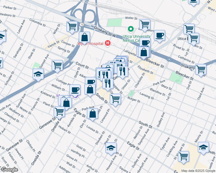 map of restaurants, bars, coffee shops, grocery stores, and more near 255 Genesee Street in Utica