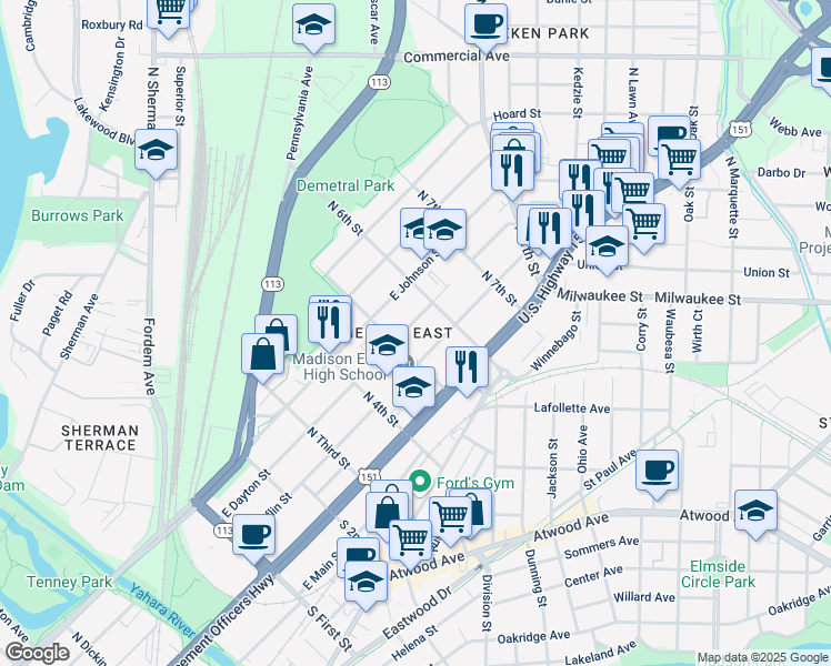 map of restaurants, bars, coffee shops, grocery stores, and more near 2331 East Dayton Street in Madison