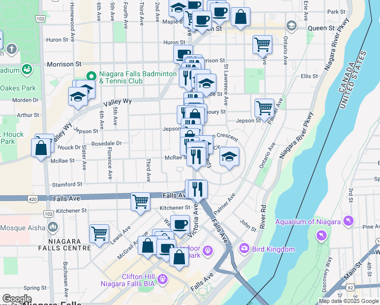 map of restaurants, bars, coffee shops, grocery stores, and more near 5207 Victoria Avenue in Niagara Falls