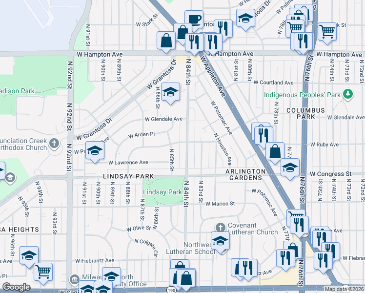 map of restaurants, bars, coffee shops, grocery stores, and more near 4502 North 84th Street in Milwaukee