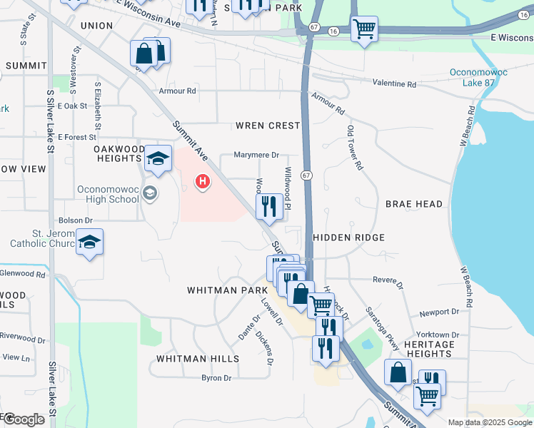 map of restaurants, bars, coffee shops, grocery stores, and more near 916 Maple Lane in Oconomowoc