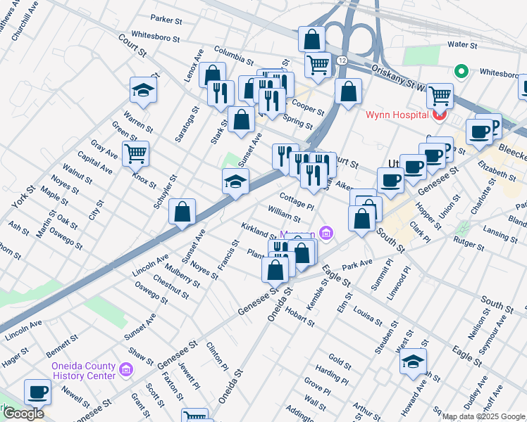map of restaurants, bars, coffee shops, grocery stores, and more near 1164 Lincoln Avenue in Utica
