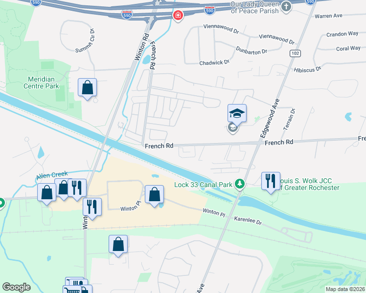 map of restaurants, bars, coffee shops, grocery stores, and more near 140 French Woods Circle in Rochester
