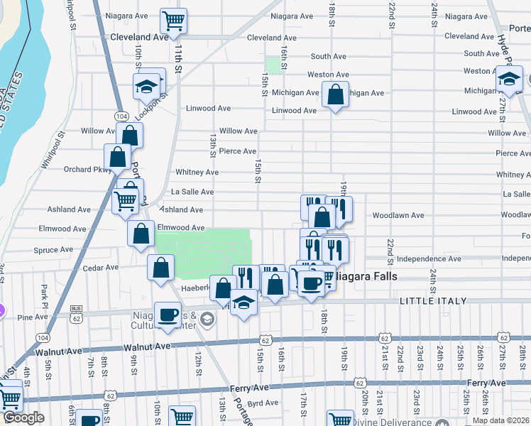 map of restaurants, bars, coffee shops, grocery stores, and more near 1109 15th Street in Niagara Falls