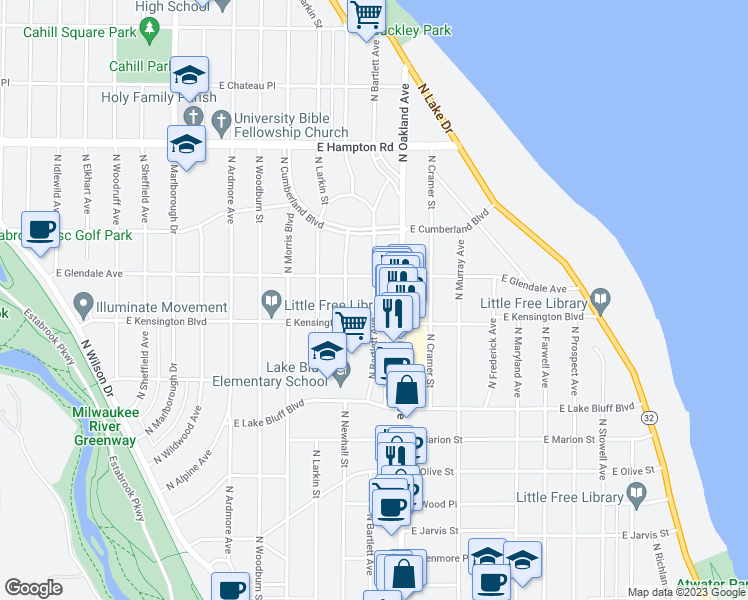 map of restaurants, bars, coffee shops, grocery stores, and more near 4540 North Bartlett Avenue in Shorewood
