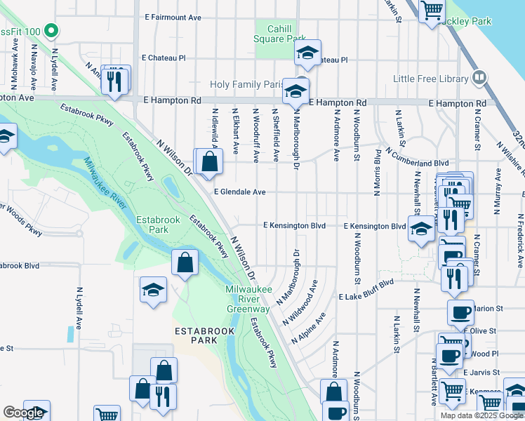 map of restaurants, bars, coffee shops, grocery stores, and more near 813 East Glendale Avenue in Shorewood