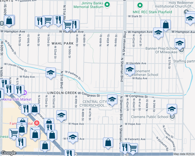 map of restaurants, bars, coffee shops, grocery stores, and more near 4520 North 46th Street in Milwaukee