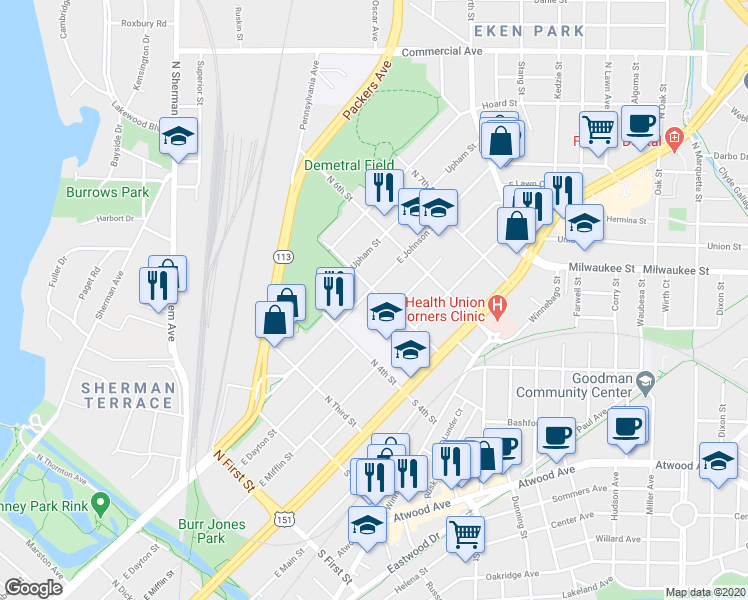 map of restaurants, bars, coffee shops, grocery stores, and more near 2309 East Johnson Street in Madison