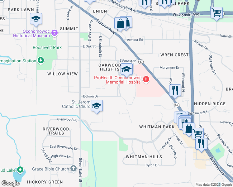 map of restaurants, bars, coffee shops, grocery stores, and more near 550 Bolson Drive in Oconomowoc