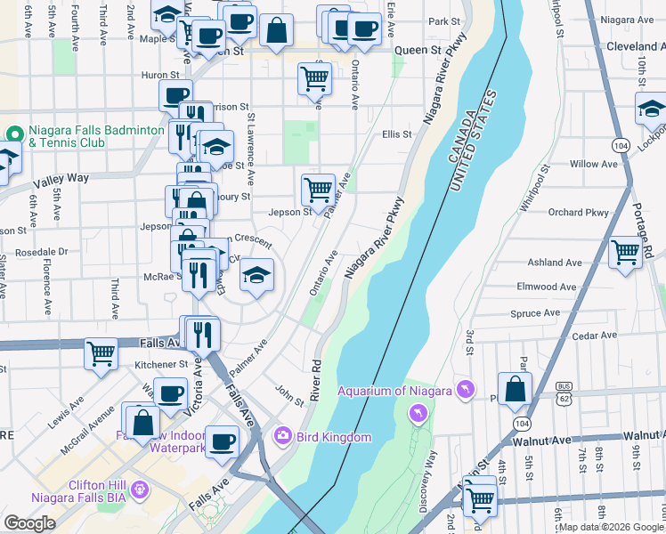 map of restaurants, bars, coffee shops, grocery stores, and more near 5216 Ontario Avenue in Niagara Falls