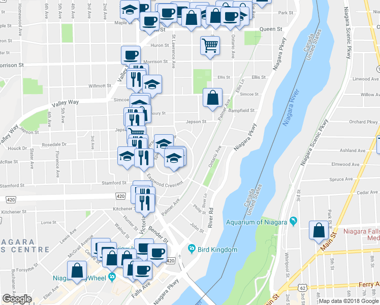 map of restaurants, bars, coffee shops, grocery stores, and more near 4588 Ryerson Crescent in Niagara Falls