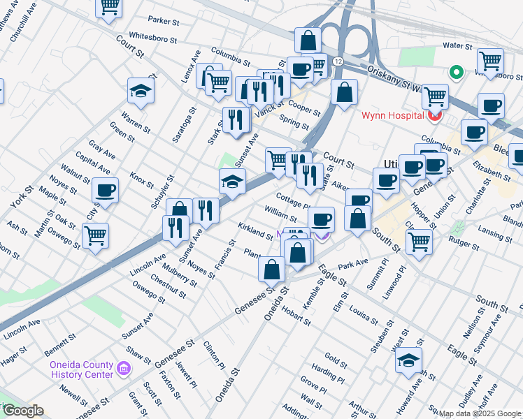 map of restaurants, bars, coffee shops, grocery stores, and more near 625 William Street in Utica