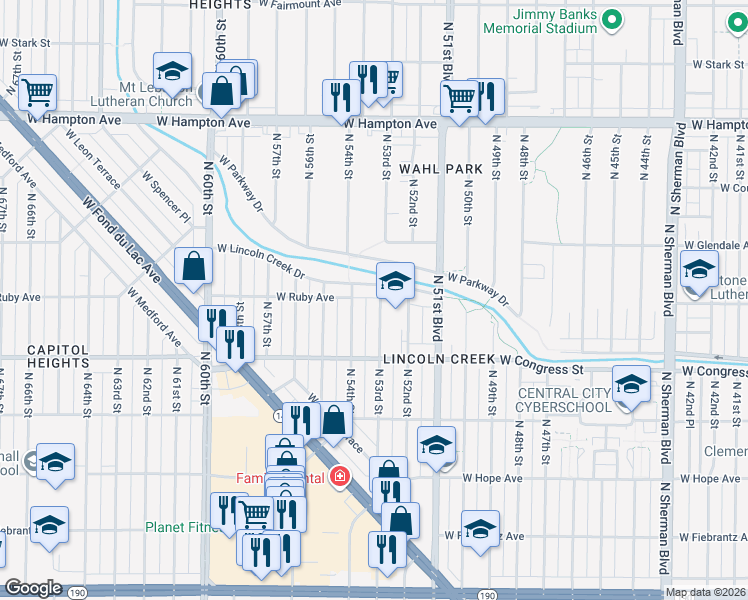 map of restaurants, bars, coffee shops, grocery stores, and more near 4483 North 53rd Street in Milwaukee