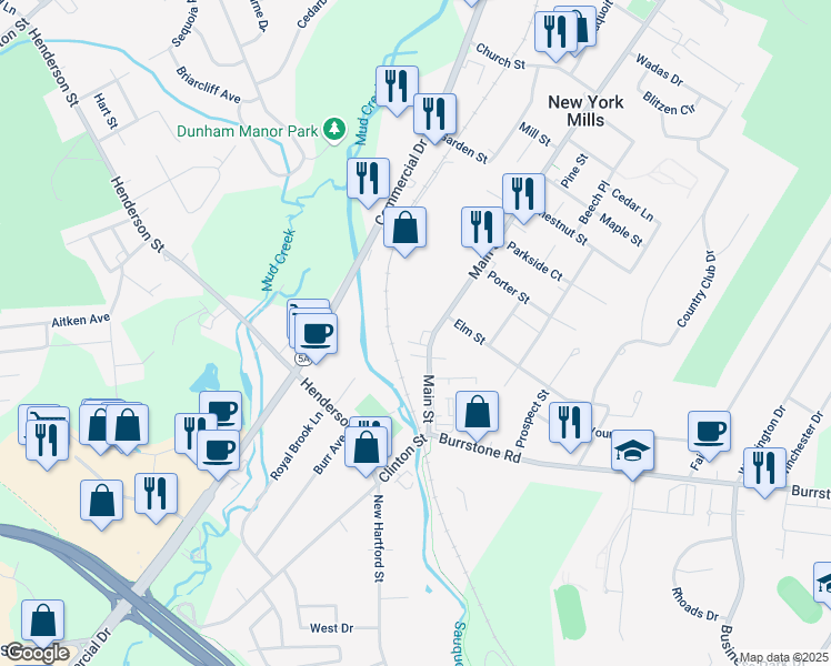 map of restaurants, bars, coffee shops, grocery stores, and more near 540 Main Street in New York Mills
