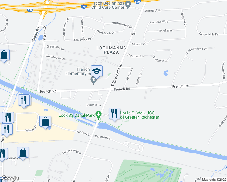 map of restaurants, bars, coffee shops, grocery stores, and more near 484 French Road in Rochester