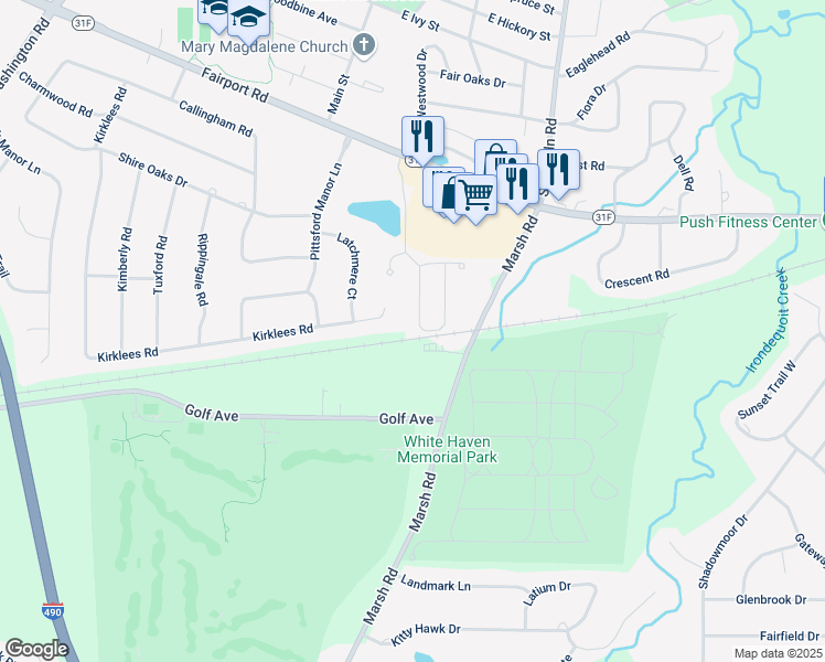 map of restaurants, bars, coffee shops, grocery stores, and more near 72 Waterworks Drive in East Rochester