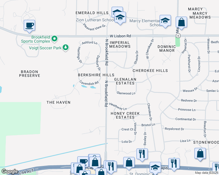 map of restaurants, bars, coffee shops, grocery stores, and more near 4436 North Brookfield Road in Brookfield