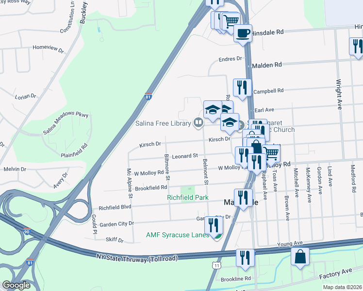 map of restaurants, bars, coffee shops, grocery stores, and more near 320 Kirsch Drive in Syracuse