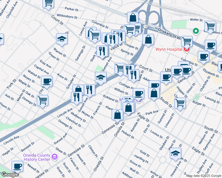 map of restaurants, bars, coffee shops, grocery stores, and more near 1164 Lincoln Avenue in Utica