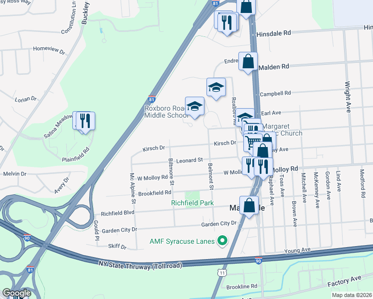 map of restaurants, bars, coffee shops, grocery stores, and more near 320 Kirsch Drive in Syracuse