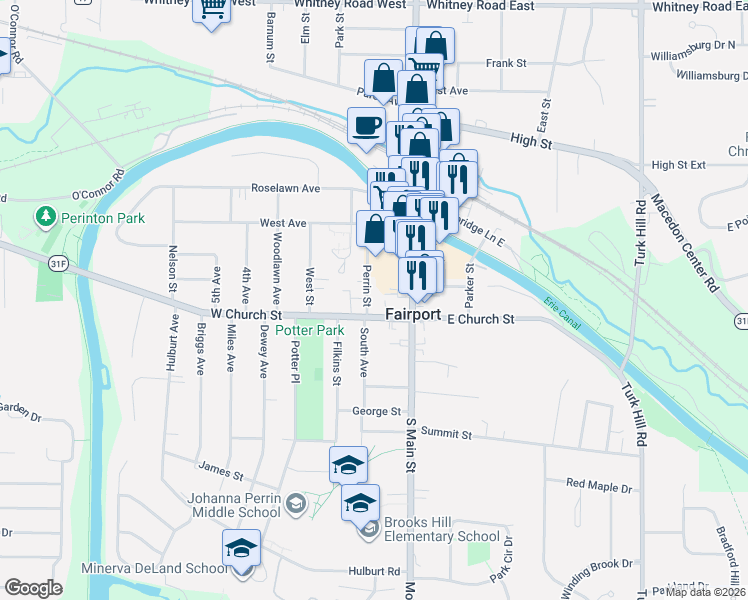 map of restaurants, bars, coffee shops, grocery stores, and more near 37 Perrin Street in Fairport