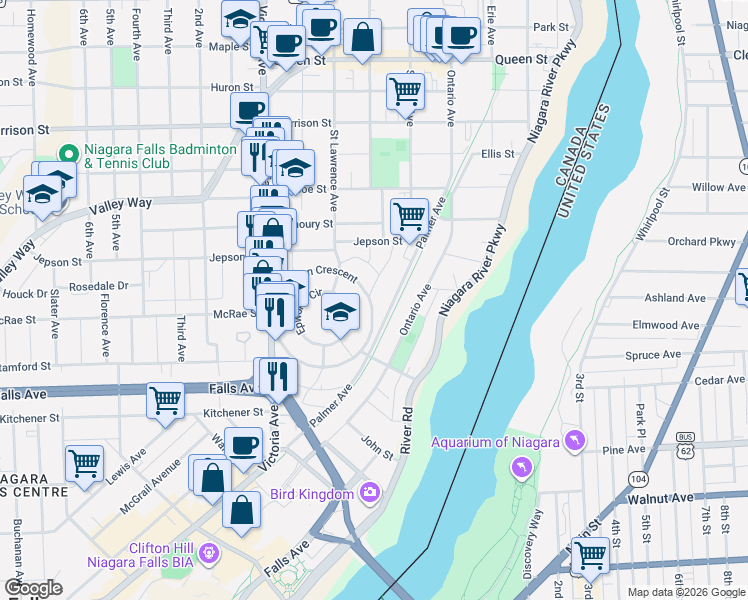 map of restaurants, bars, coffee shops, grocery stores, and more near 5165 Palmer Avenue in Niagara Falls