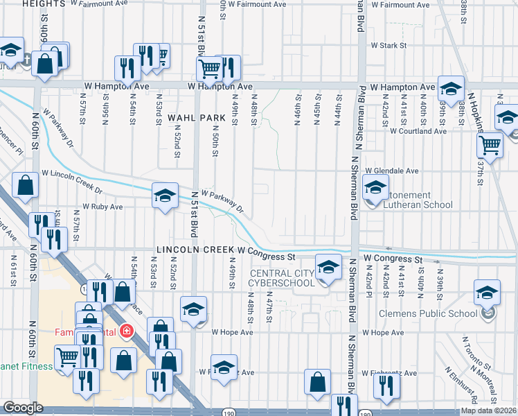 map of restaurants, bars, coffee shops, grocery stores, and more near 4525 North 48th Street in Milwaukee
