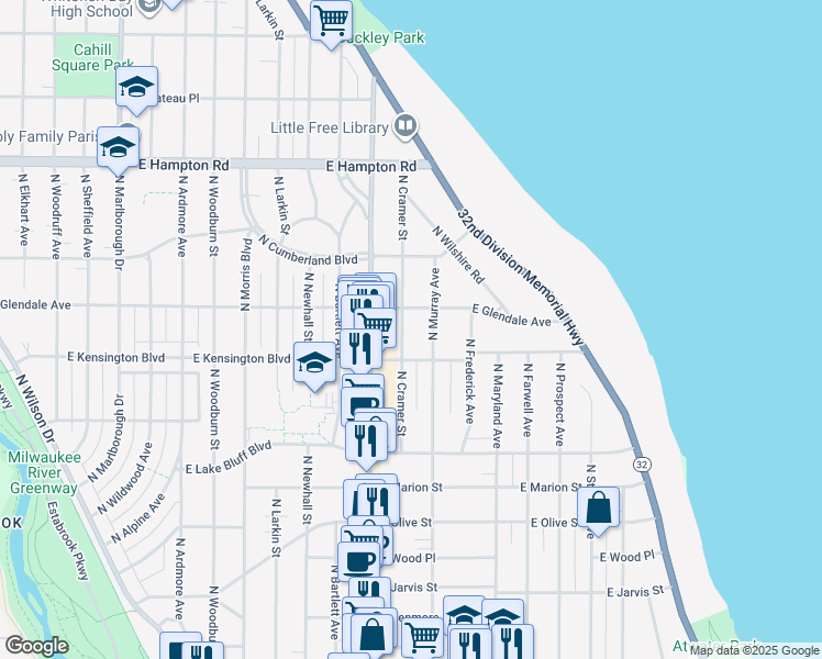 map of restaurants, bars, coffee shops, grocery stores, and more near 4524 North Cramer Street in Whitefish Bay