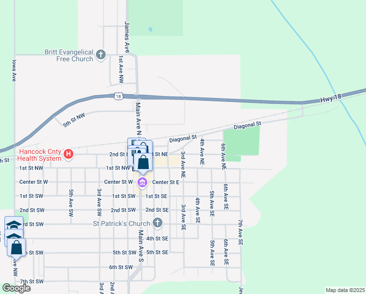 map of restaurants, bars, coffee shops, grocery stores, and more near 300 Diagonal Street Northeast in Britt