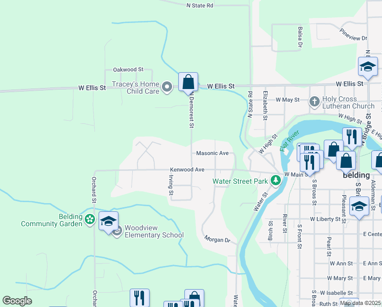 map of restaurants, bars, coffee shops, grocery stores, and more near 401 North Demorest Street in Belding