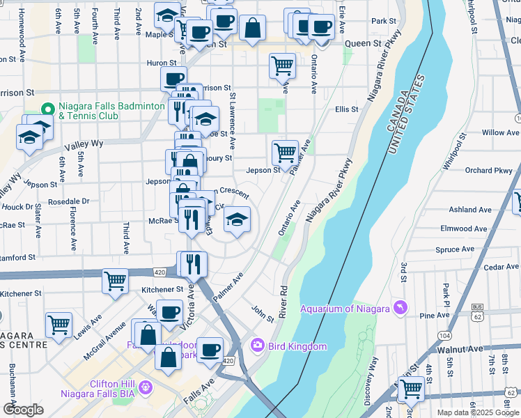 map of restaurants, bars, coffee shops, grocery stores, and more near 4585 Ryerson Crescent in Niagara Falls