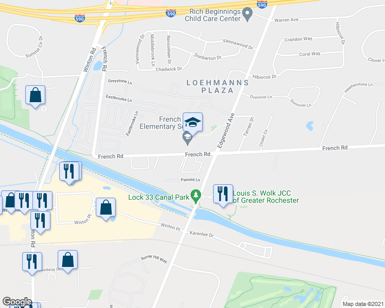 map of restaurants, bars, coffee shops, grocery stores, and more near 495 French Road in Rochester