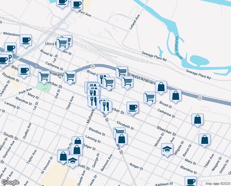 map of restaurants, bars, coffee shops, grocery stores, and more near 729-799 Catherine Street in Utica