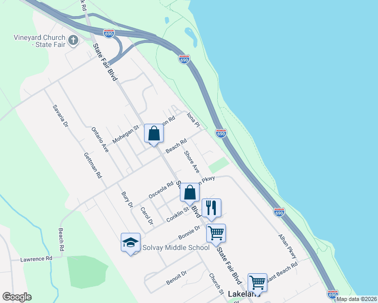 map of restaurants, bars, coffee shops, grocery stores, and more near 207 Beachview Avenue in Syracuse