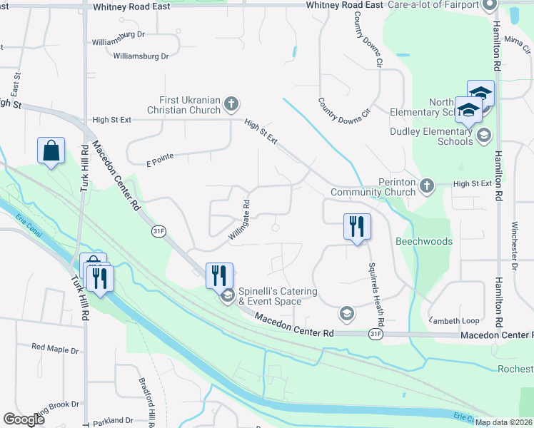 map of restaurants, bars, coffee shops, grocery stores, and more near 37 Whitney Ridge Road in Fairport