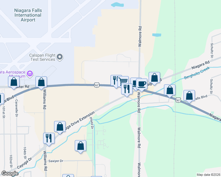 map of restaurants, bars, coffee shops, grocery stores, and more near 2202 Niagara Falls Boulevard in Niagara Falls